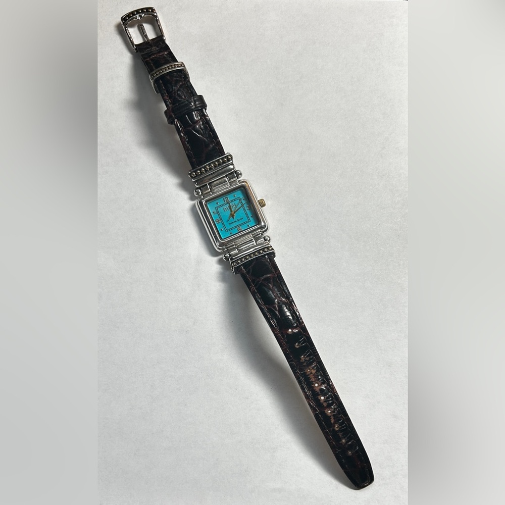 Ecclissi Sterling Silver Turquoise Dial Watch Dark Brown Leather Band work
